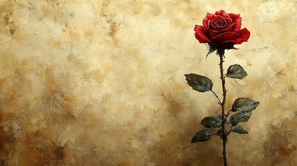 Single red rose on textured gold background with artistic brush strokes and painterly effect