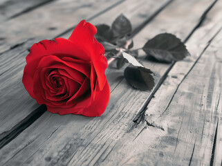 Red Rose on Old Wooden Table with Grayscale Background, Symbolizing Sadness and Hope for Valentine's Day.