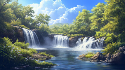 Fototapeta premium 自然の中の川と滝のパノラマビュー