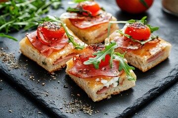 Focaccia grilled mozzarella ham sandwiches with tomatoes and arugula on a black stone platter