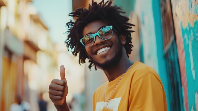 Happy young man gives thumbs up outdoors