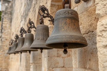 Obraz premium Focused view of a close up of a large ancient church tower bell A row of ringing church bells