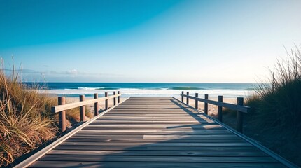 Obraz premium A tranquil wooden boardwalk leads to a serene beach under a vibrant sunrise, evoking feelings of peace and calmness.