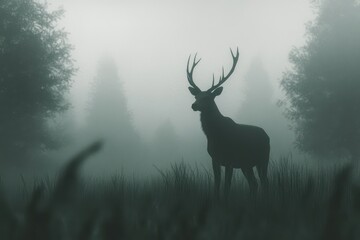Foggy morning with red deer