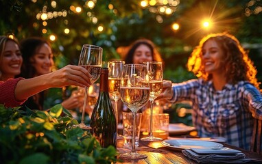 Cheers with Friends Enjoying Red Wine at Summer Evening Gathering in Vineyard Countryside