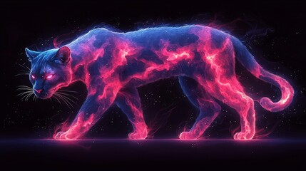 Glowing panther with cosmic energy walking in the dark with pink and blue light effects