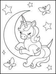 Illustration of a cute baby unicorn cartoon character. Black and white Printable Unicorn coloring page for kids.