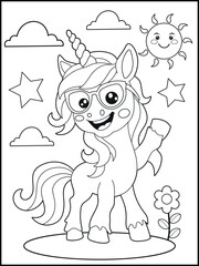 Illustration of a cute baby unicorn cartoon character. Black and white Printable Unicorn coloring page for kids.