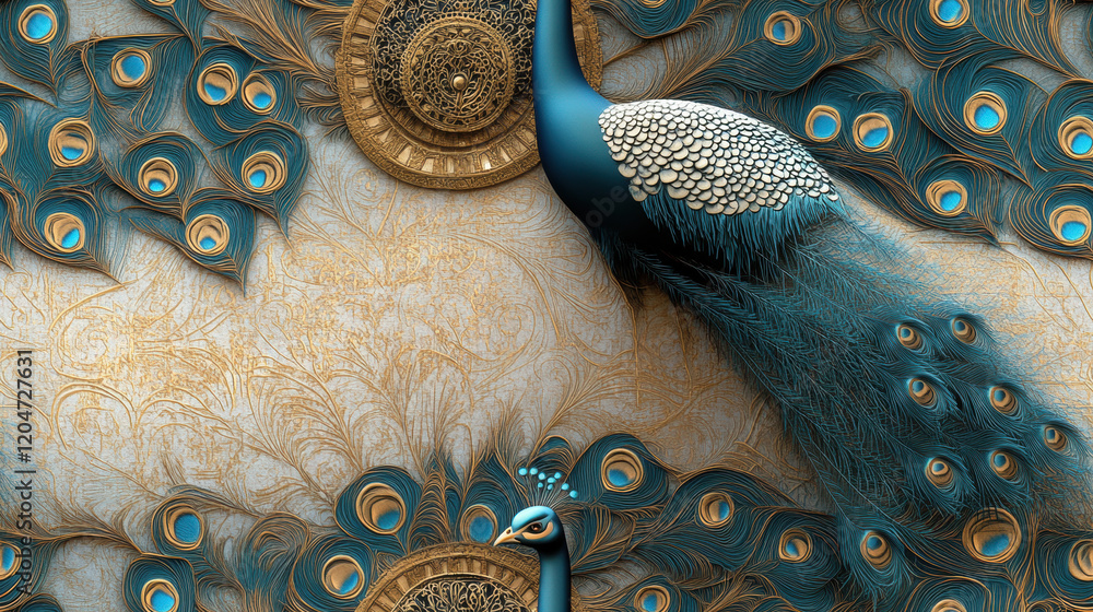 Poster seamless india, a high-fidelity 3d rendering of a peacock displaying its vibrant feathers, suitable 