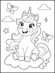 Illustration of a cute baby unicorn cartoon character. Black and white Printable Unicorn coloring page for kids.