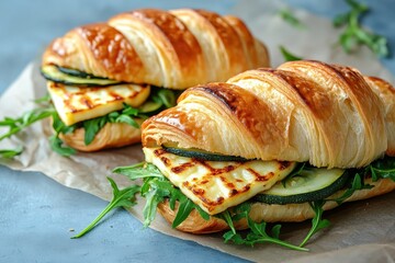 Halloumi and arugula croissant sandwich with grilled zucchini on a blue concrete backdrop Wholesome meal option Focused shot
