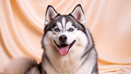 Obraz premium A friendly husky dog radiating joy with striking blue eyes and fur.