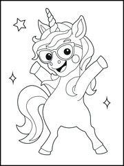 Illustration of a cute baby unicorn cartoon character. Black and white Printable Unicorn coloring page for kids.