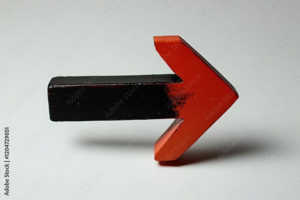 Poster Brightly colored wooden arrow pointing right on a neutral background with a smooth surface beneath it. Generative AI