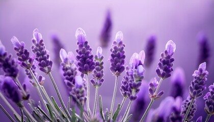 Naklejka premium ラベンダーの蕾がライトパープルの背景に揺れる、春の穏やかな息吹を感じさせるクローズアップ 