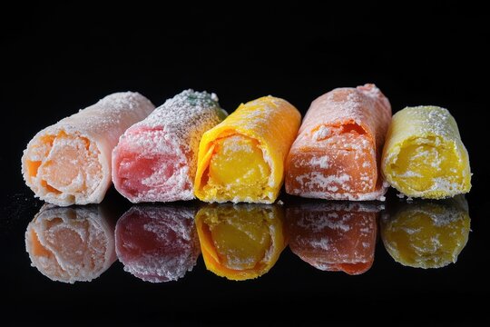 Images of multicolored motti with various fillings against a black backdrop a tempting dessert