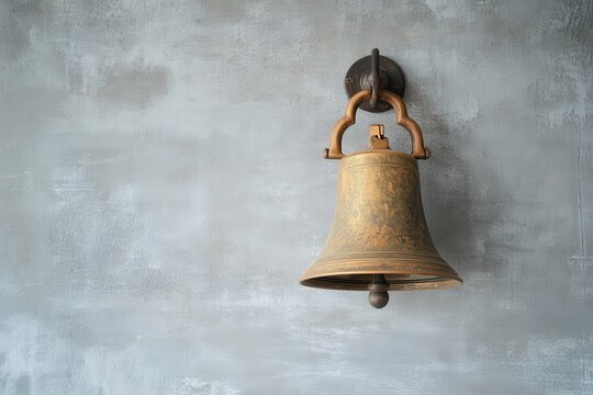 Indoor high resolution image of a brass bell against a gray wall