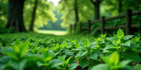 Obraz premium Mint leaves in a lush landscape with mature trees and a rustic fence, foliage, plants, forest