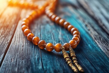 Islamic prayer beads on a wood surface with a blurred backdrop themed for Ramadan and Eid