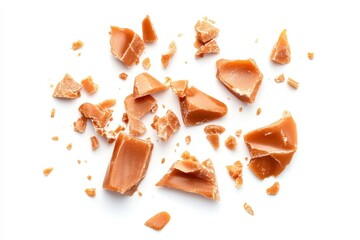 Isolated broken caramel toffee crumbs round milk confections brown sugar candies and small caramel treats on a white background