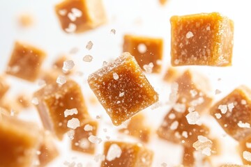 Isolated floating Salted Caramel candy with salt crystals Close up