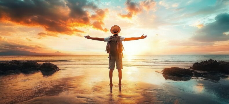 Joyful traveler with backpack at serene beach sunset silhouette enjoying summer vacation lifestyle