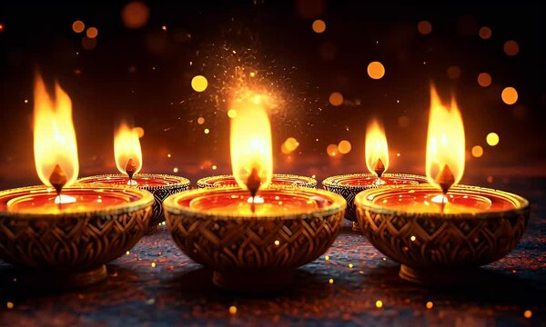 Three ornate oil lamps with flickering flames and bokeh lights on a dark background.