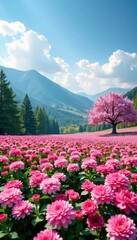 Obraz premium Overhead shot of a field with pink chrysanthemums and trees, landscape, blossom