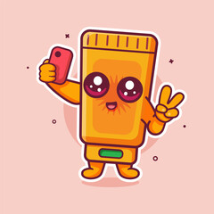 smiling sunblock tube character mascot taking a selfie with a smartphone isolated cartoon 