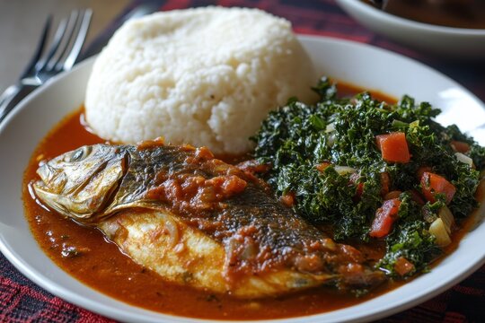 Kenyan dish of tilapia stew ugali and kale stew
