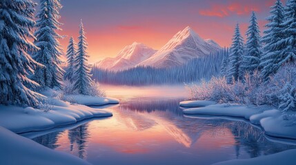 Beautiful majestic landscape with snow covered forest and lake