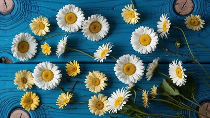 A cheerful arrangement of bright daisies on a blue wooden surface.