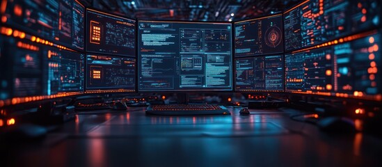 Multiple monitors displaying data streams in a dark room.