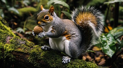 Obraz premium Cute Squirrel Holding Acorn on Tree Branch in Lush Green Forest