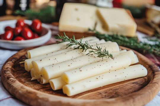 Kobarcik smoked string cheese on a wooden tray featuring oscypek cheese behind it