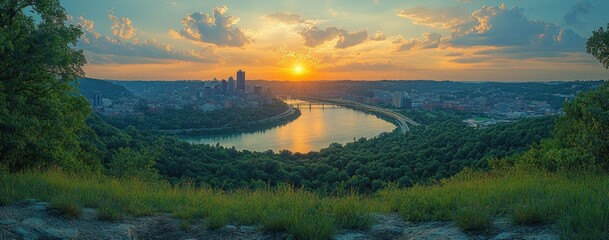Vibrant Panorama of Pittsburgh with Dynamic Clouds and Lush Greenery