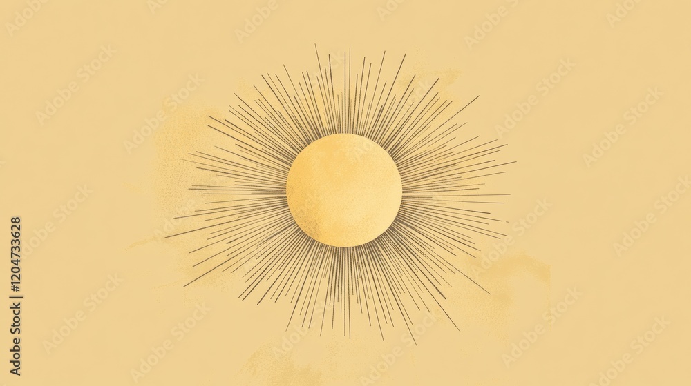 Aufkleber bright geometric sun design with radiant lines set against a simple yellow background showcasing min