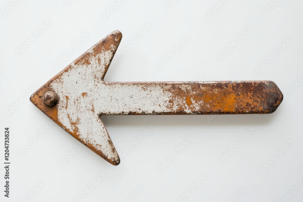 Poster vintage metal arrow sign pointing left with weathered rust and chipped paint on a white background. 