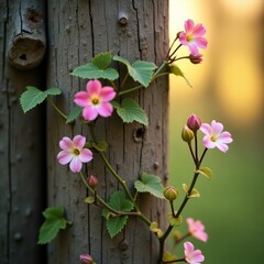 A close-up of a wooden pole wrapped in a vine with delicate white flowers