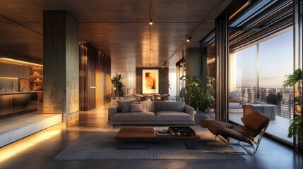 Fototapeta premium Luxurious modern apartment interior with city view at sunset.