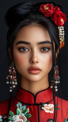 Naklejka premium Chinese costume with floral embroidery and pearl cape