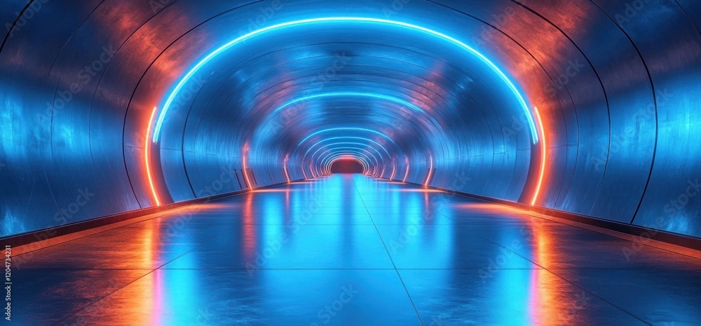 Poster futuristic tunnel corridor with neon lights metal structures 3d rendering sci-fi architecture indust