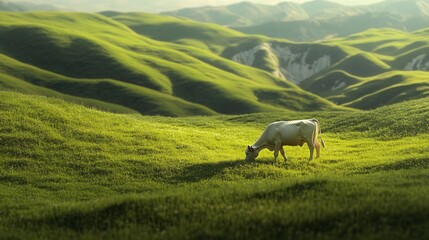 Serene Cow Grazing in Lush Green Hills Under Soft Natural Light
