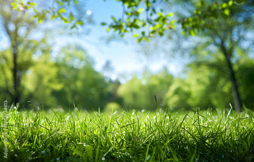 Aufkleber close-up of grass with blurred background of trees and sky