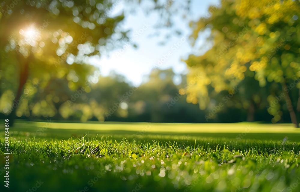 Poster close-up of grass with blurred background of trees and field
