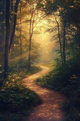 Fototapeta premium Golden Light on Serene Forest Pathway in Morning Misty Woods