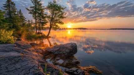 Serene Sunrise over Still Lake