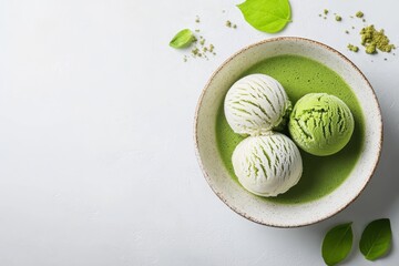 Matcha tea mochi ice cream wrapped in rice dough Classic Japanese treat on a white backdrop Blurred focus ample space