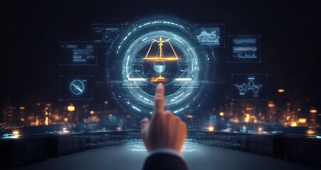 Legal Professional in Futuristic Courtroom with Justice Icons Touching Law and Order Digital Symbols