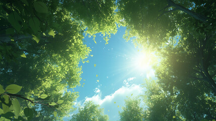 Fototapeta premium 木漏れ日が差し込む緑の木々と青空